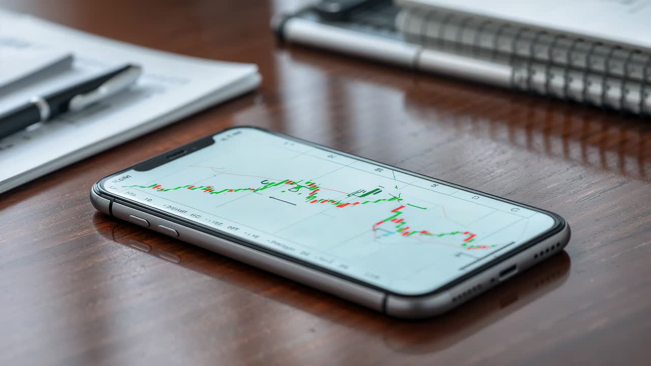 Kamera fanger smartphone liggende fladt på træskrivebord, med fokus på candlestick-diagram.