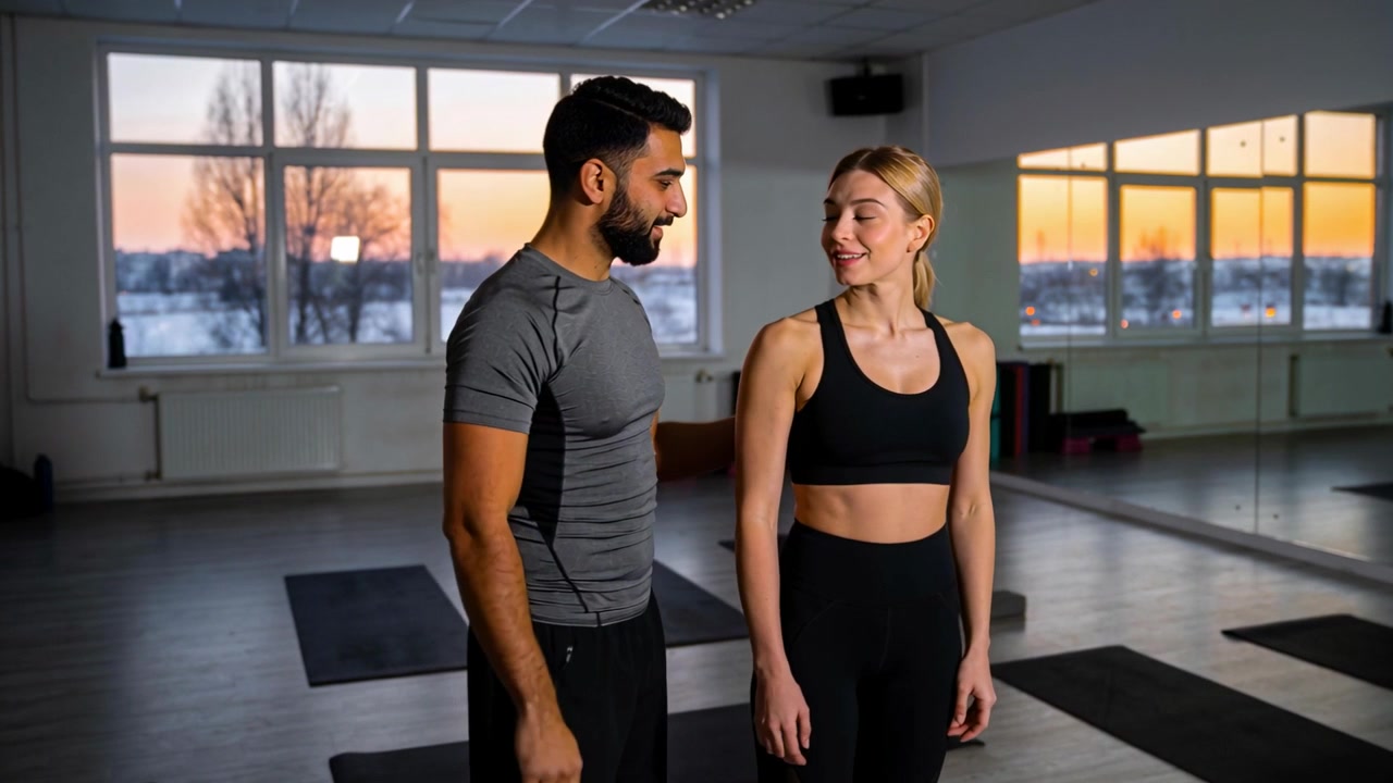 Checking trainer placing hands on client shoulder in studio correcting posture sportswear mirror