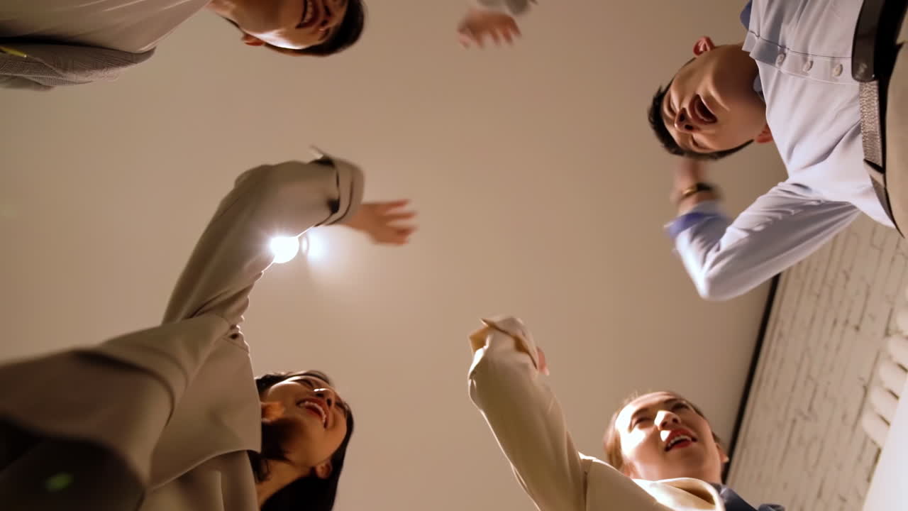 Group of business people meeting and applause with high five in office, b2b project and deal success. Achievement, men women at workshop in cheers, congratulations and support in celebration together