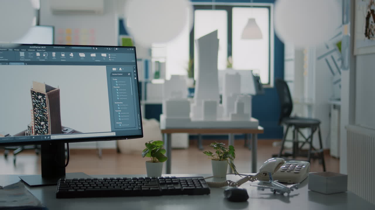 Workspace with architectural model on desk