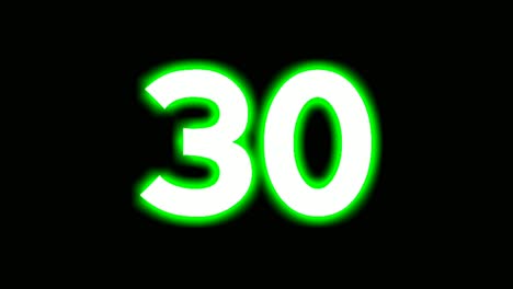 neon number 30 thirty sign symbol modern animation motion graphics flicking on black background,green color glowing and shining for video elements