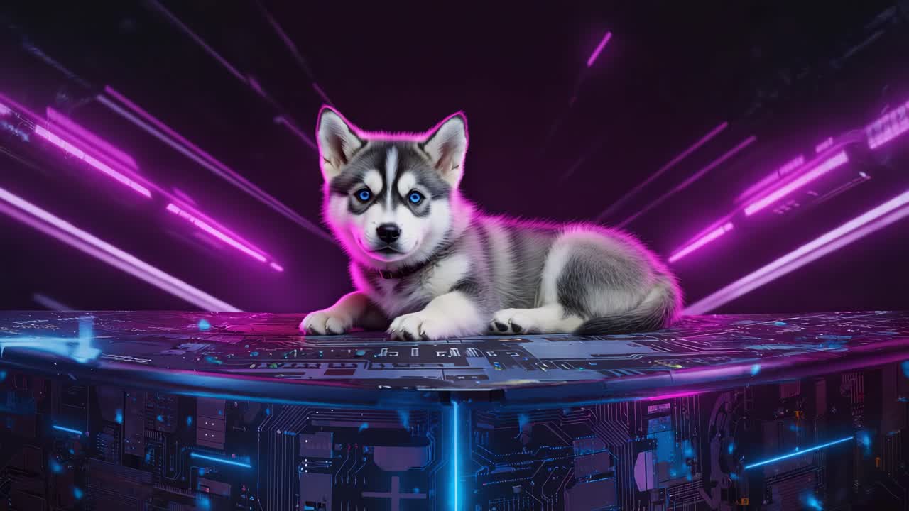 Husky puppy in a cyberpunk setting