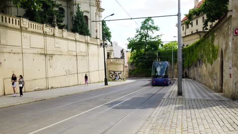 prague tram in a city street