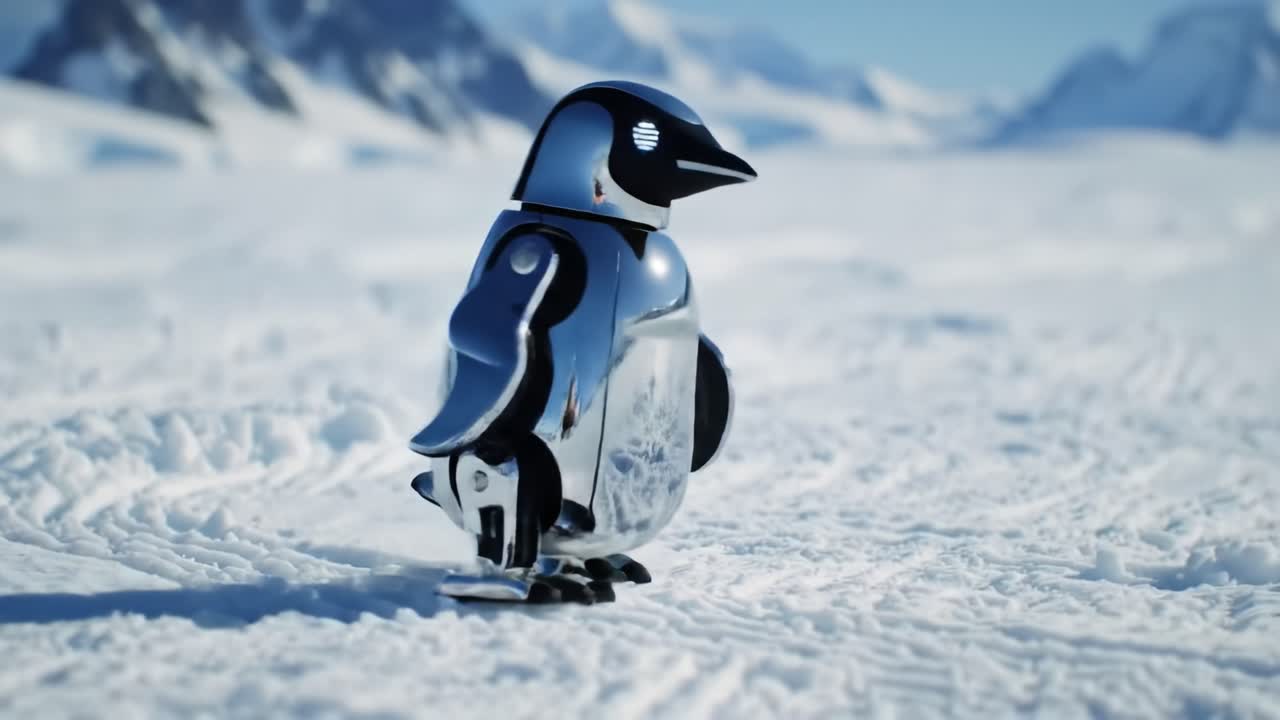 A Stunning Metallic Penguin Sculpture Imbued with Futuristic Technology, Set Against a Majestic Frozen Landscape of Snow and Ice Distinguishing Nature's Beauty