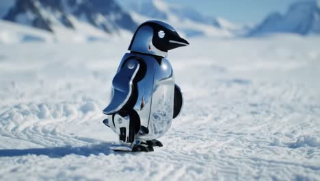 a stunning metallic penguin sculpture imbued with futuristic technology, set against a majestic frozen landscape of snow and ice distinguishing nature's beauty