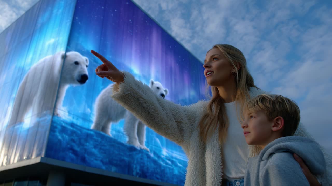 A woman and a child captivated by a stunning digital mural featuring polar bears amidst an enchanting aurora display, showcasing wildlife appreciation and the beauty of nature in an urban setting