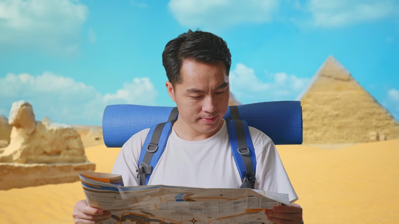 Close Up Of Asian Male Hiker With Mountaineering Backpack Looking At The Map Then Smiling To Camera While Traveling In Pyramid Of Giza