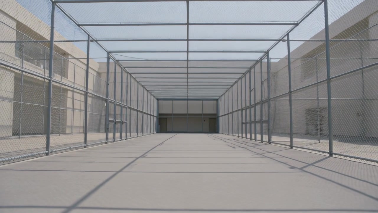 Partendo dal basso, la telecamera segue un corridoio del campus mostrando una rete metallica e ombre a griglia, rivelando una porta.