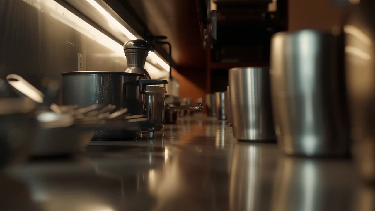 Telecamera che avanza e regola la messa a fuoco su un bancone in acciaio in cucina, rivelando moka e tazze