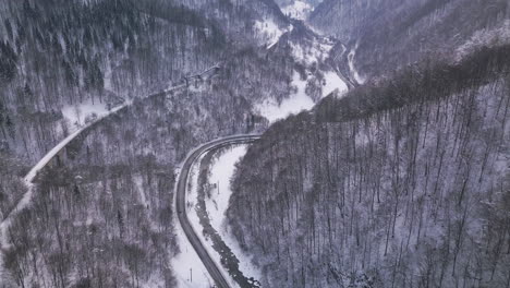 [aerial shot] road surrounded by forest on both sides of it with pines covered with some snow