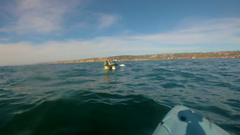 a group of people in kayaks rowing back to land at san diego