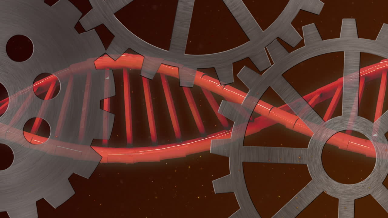 Biotechnology and engineering, DNA strand intertwining with metallic gears animation
