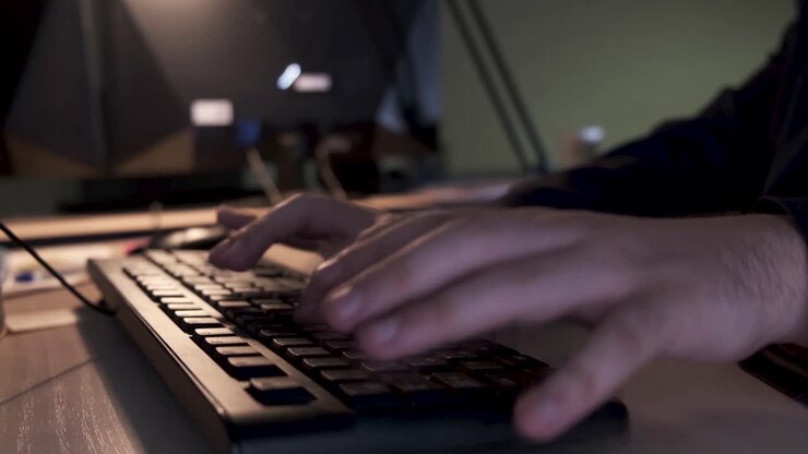 Person typing on a computer keyboard at night