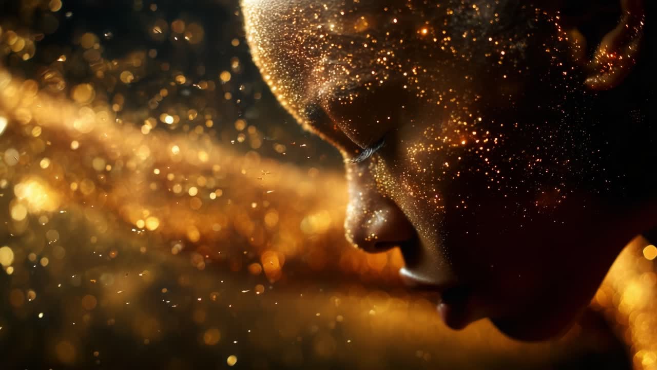 Captivating Portrait of a Person Bathed in Glittering Particles, Reflecting Inner Beauty and Emotion, Awash in a Dreamlike Atmosphere of Shimmering Light and Colorful Sparks, Captured in Stunning Detail