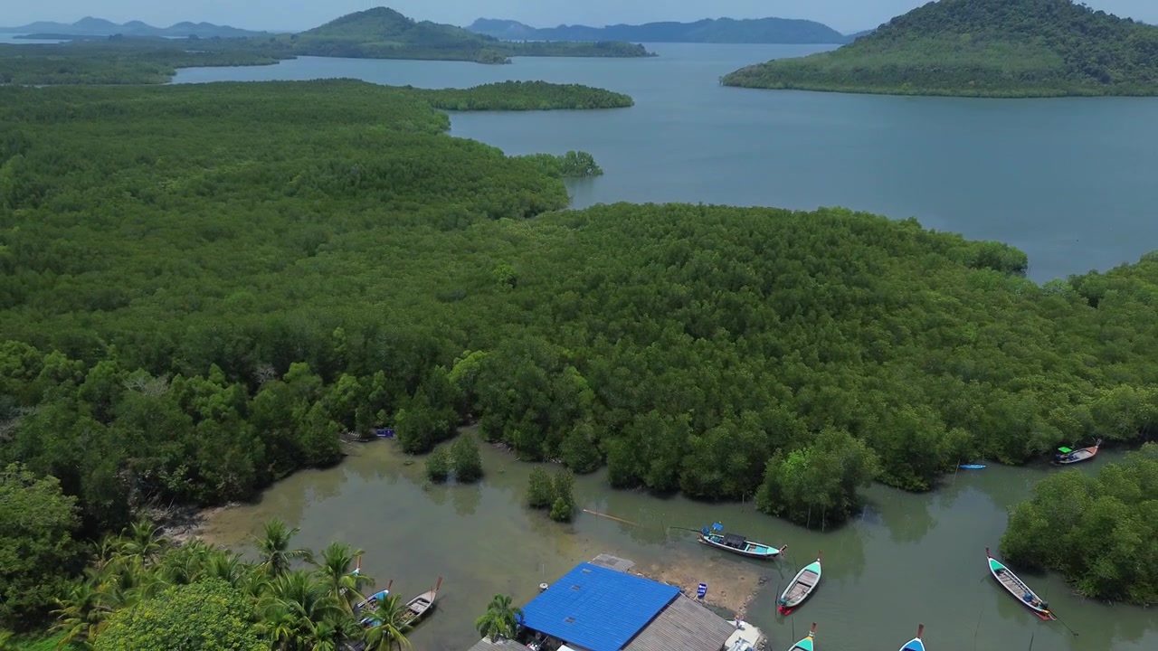 Ripresa cinematografica con drone sopra una fitta vegetazione di mangrovie a Koh Jum, Thailandia, che rivela un corso d'acqua tropicale con tradizionali barche a coda lunga e un paesaggio insulare stratificato che si estende verso la terraferma di Krabi.