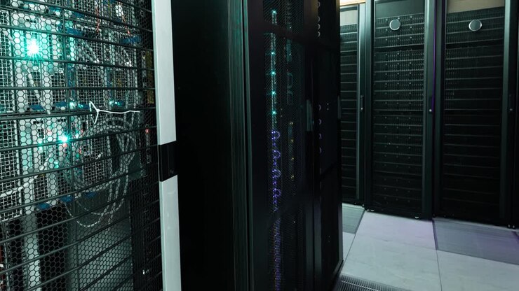 Video of empty corridor with rows of computer servers with green and purple lights