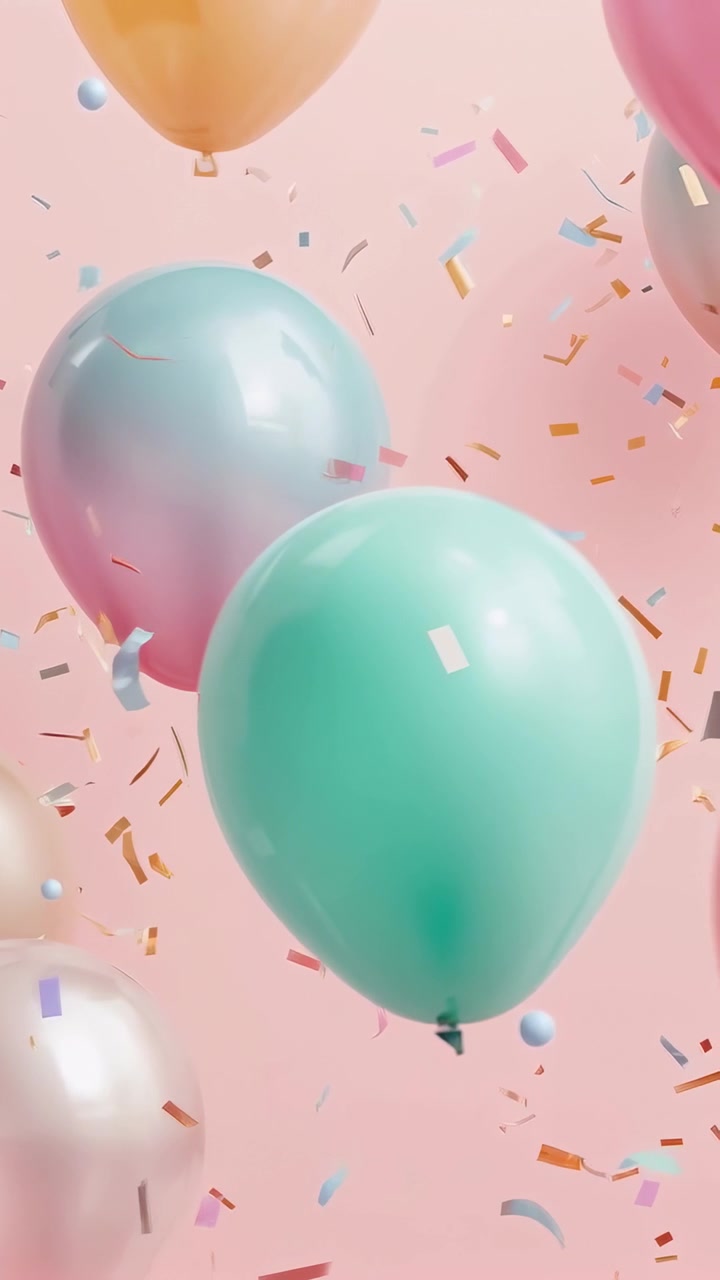 Video verticale: Palloncini che fluttuano in uno studio rosa, spargendo coriandoli, in un'atmosfera di festa.