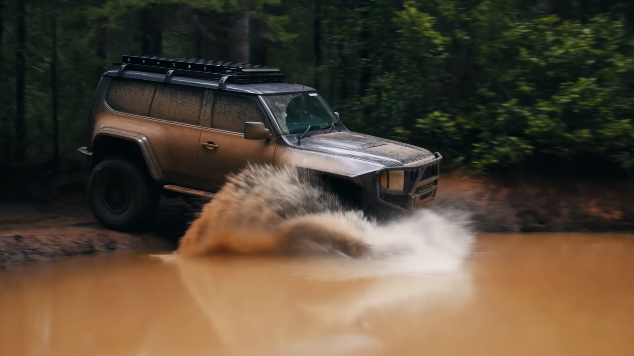 Off-Road Vehicle Splashing Through Mud Puddle in Forest