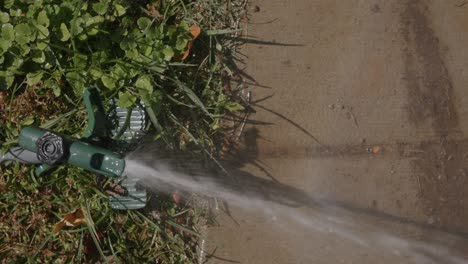 top down close slow motion footage of a sprinkler watering a yard next to the sidewalk