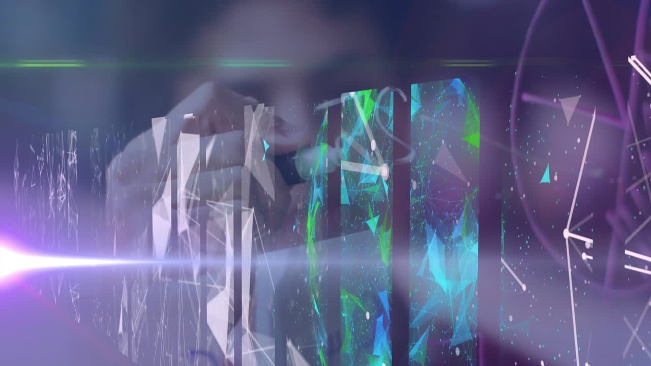 Interacting with futuristic animation, person using digital interface with abstract patterns