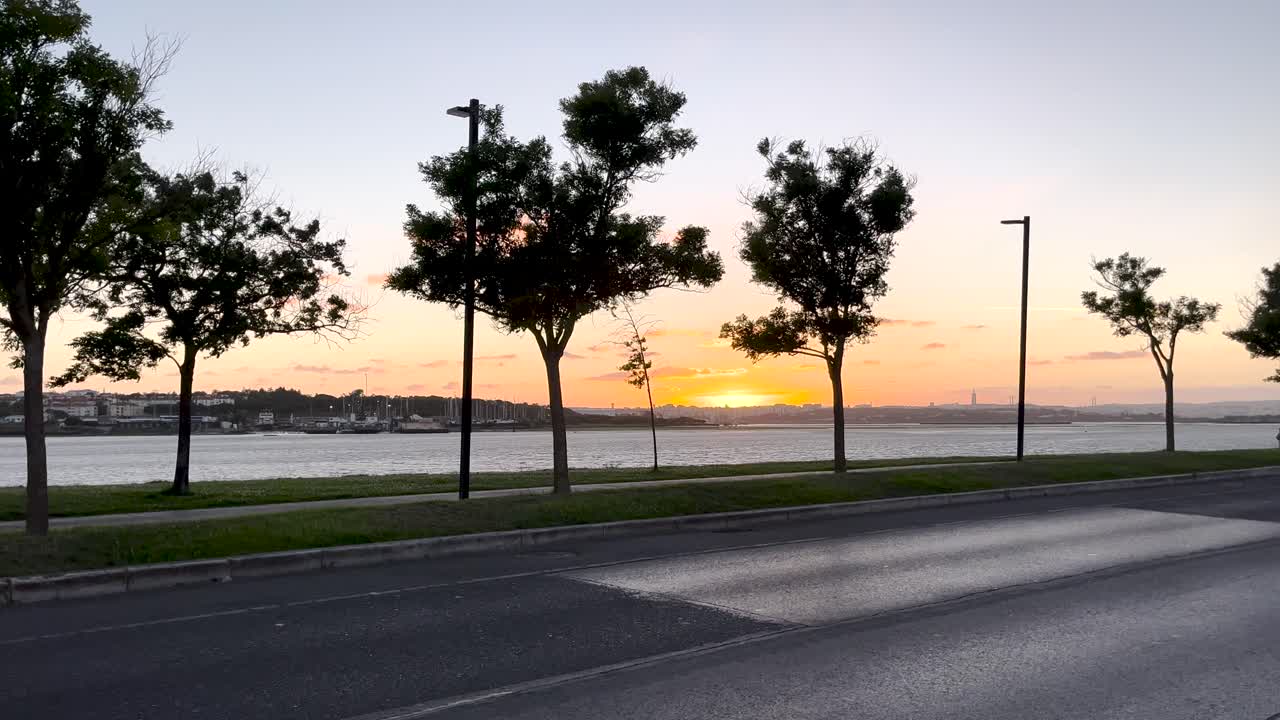 포르투갈의 평온한 해안 풍경은 빛나는 해가 지는 배경에 나무의 실루으로 바다의 평온과 자연의 아름다움을 반영합니다.