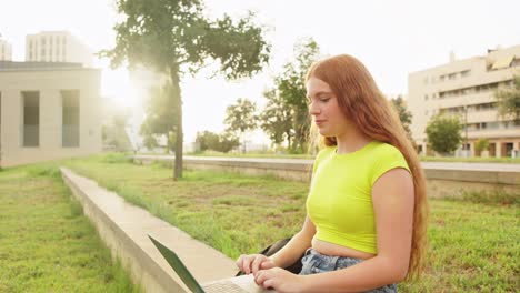 Woman using laptop in a park