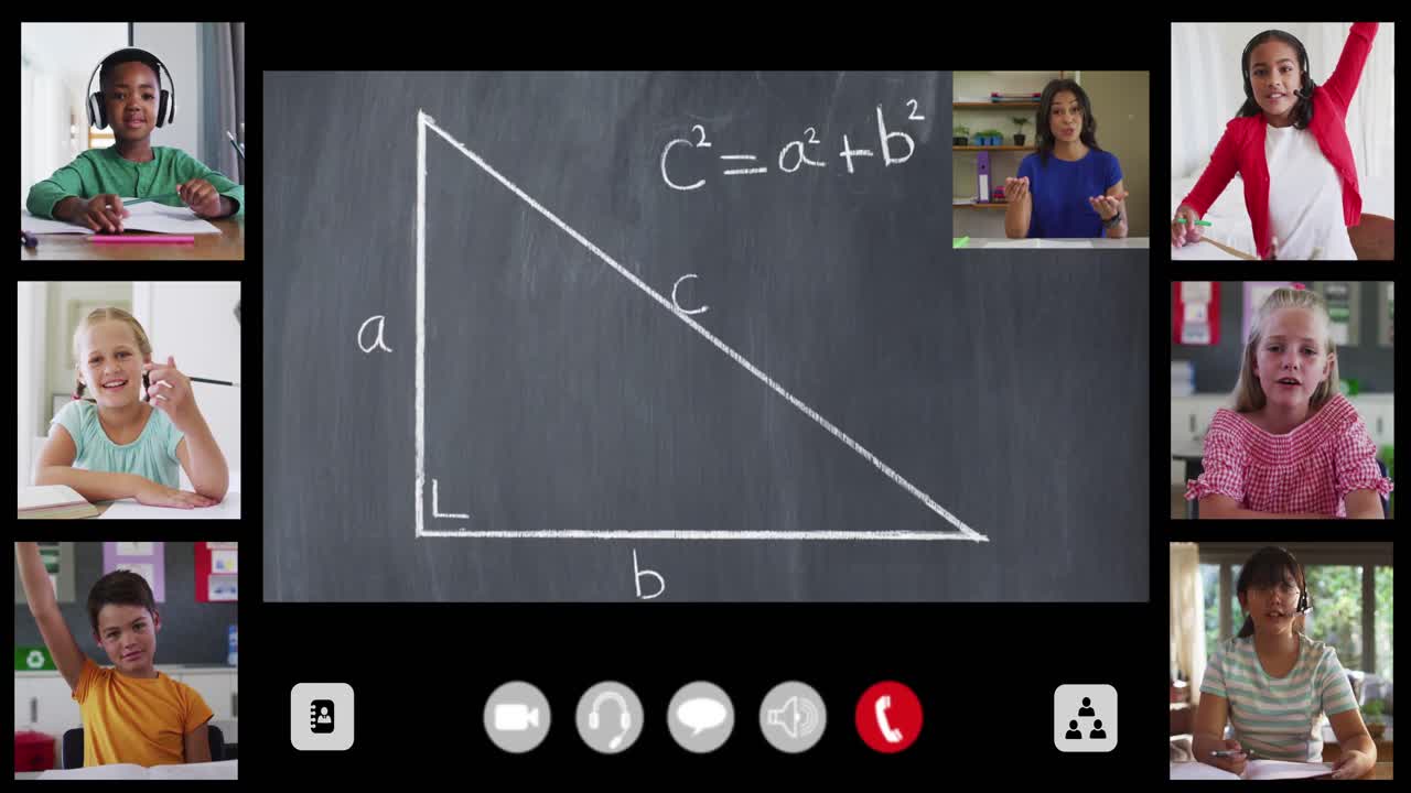 Animation of interface screen with chalkboard, teacher and six diverse children in online lesson