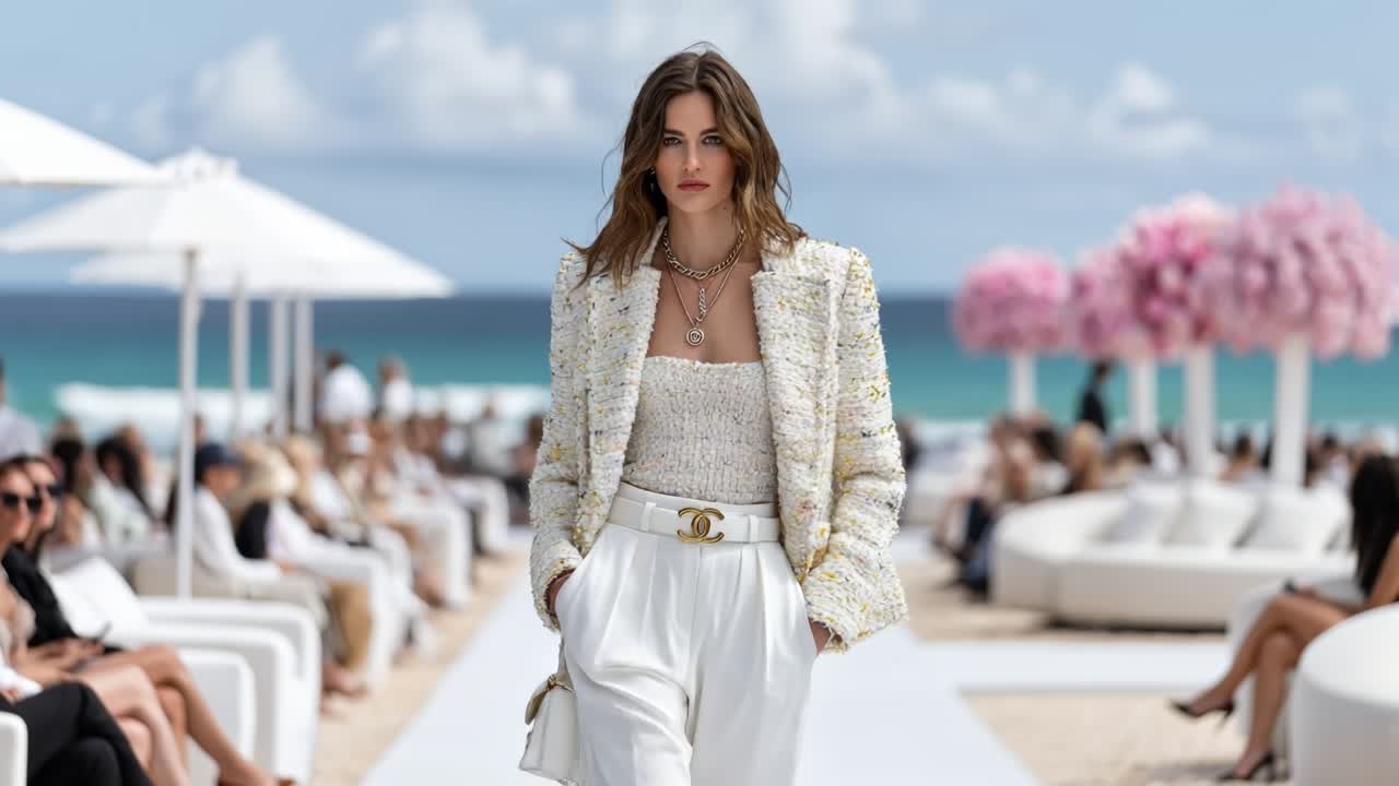 Modella professionista con un outfit di lusso bianco che sfila in passerella a una sfilata in un resort tropicale sulla spiaggia.