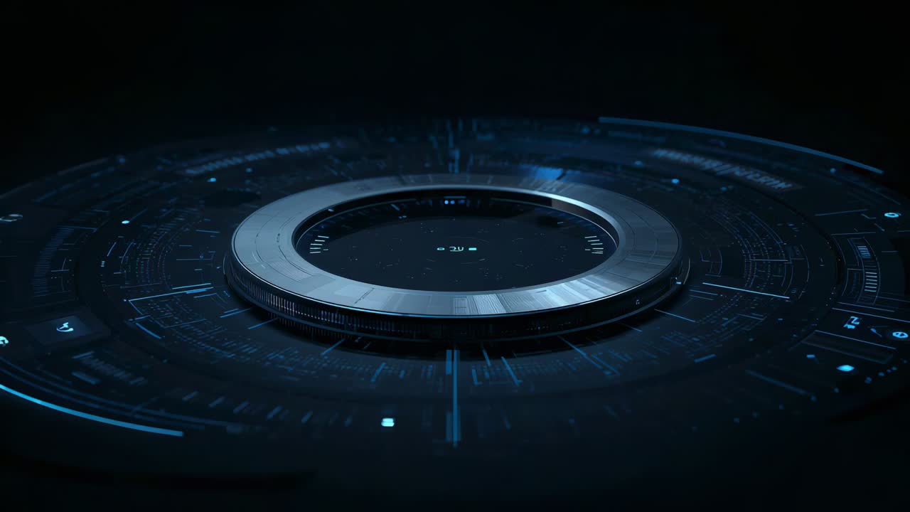 Soft glow waking metal torus in dark studio, rotating, projecting holo rings, data dots for power