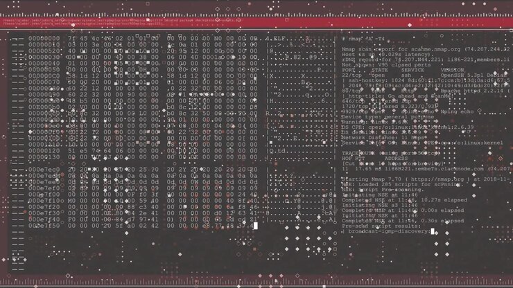 Flakkende feil starter en rød linje, hexdump og Nmap-skanning flytter oppdagelsen til grensesnittlisten.