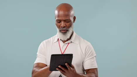 happy, black man or coach with a tablet on a blue