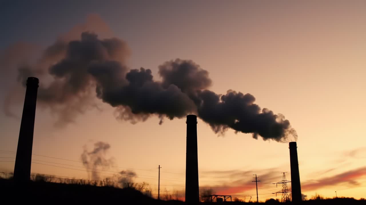 Dramatic Sunset Illuminates Industrial Smokestacks, Emitting Thick Clouds of Smoke Against a Colorful Sky in an Atmosphere of Change and Reflection