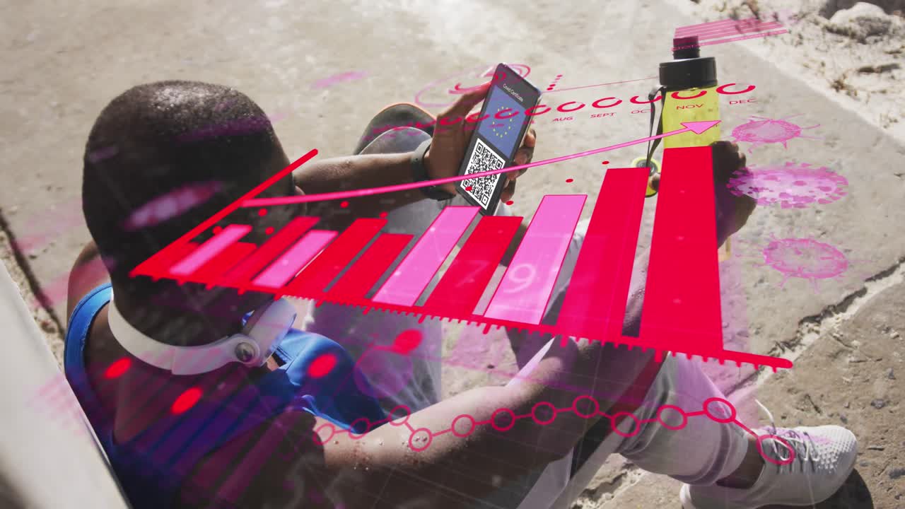 animación de un hombre con un teléfono inteligente con pasaporte de vacunación contra la covid-19 y gráficos