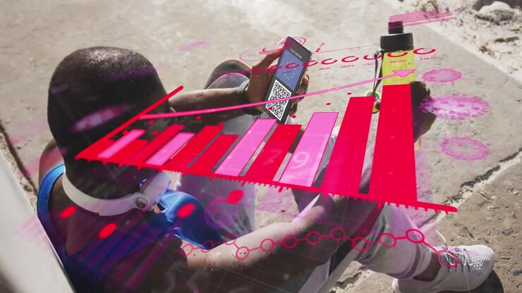 Animation of man holding smartphone with covid 19 vaccination passport over and graphs
