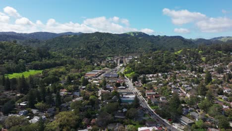 Slow-and-cinematic-drone-shot-over-Fairfax,-California-on-a-sunny-day