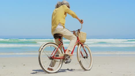 Rear-view-of-active-senior-African-American-woman-standing-with-bicycle-on-beach-in-the-sunshine-4k