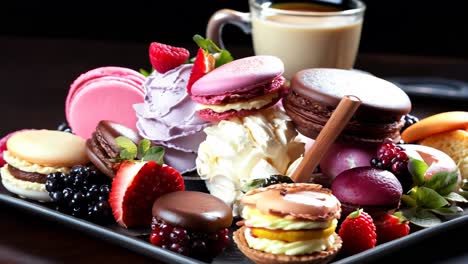 colorful assortment of desserts and coffee on a black plate at a cafг©