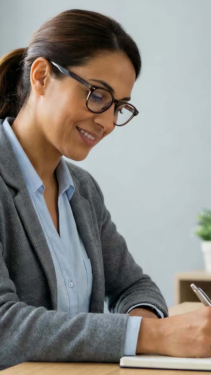Vídeo vertical: Mujer sujetando un bolígrafo y tomando notas, vestida con blazer gris, escribiendo en una libreta en la oficina
