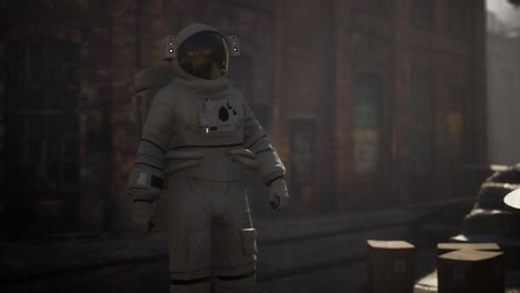 Verlorener-Astronaut-In-Der-Nähe-Verlassener-Industriegebäude-Einer-Alten-Fabrik