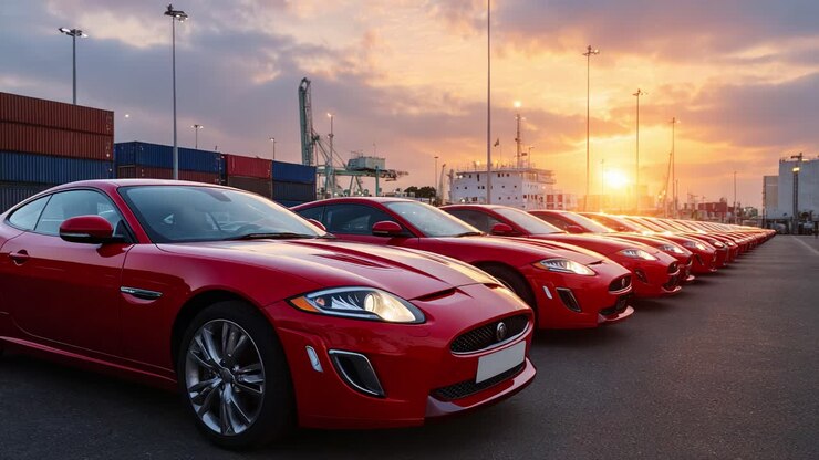 Una impresionante colección de deportivos rojos con una preciosa puesta de sol en un puerto, que exhibe su elegante diseño y rendimiento en un entorno dinámico.