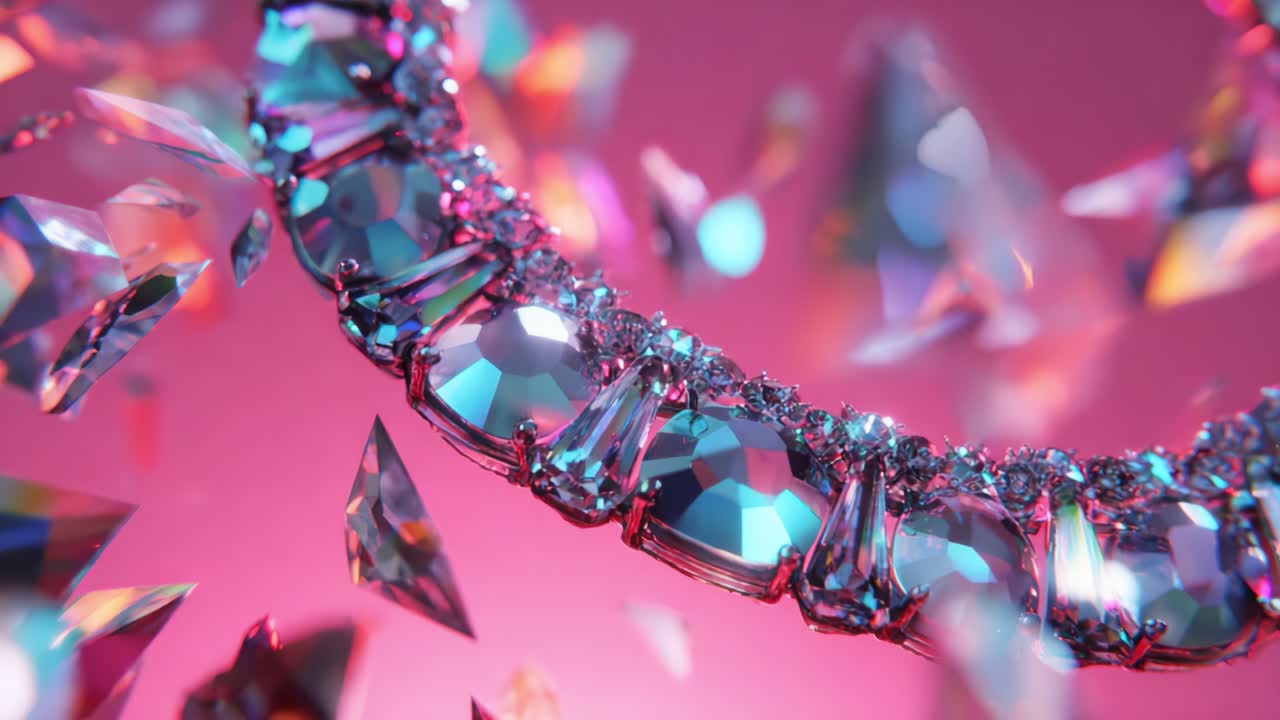 Stunning Close-up of a Sparkling Jewelry Necklace Embedded with Assorted Gemstones Surrounded by Brilliant Shards and Reflections Against a Soft Pink Background, Capturing the Essence of Elegance and Luxury
