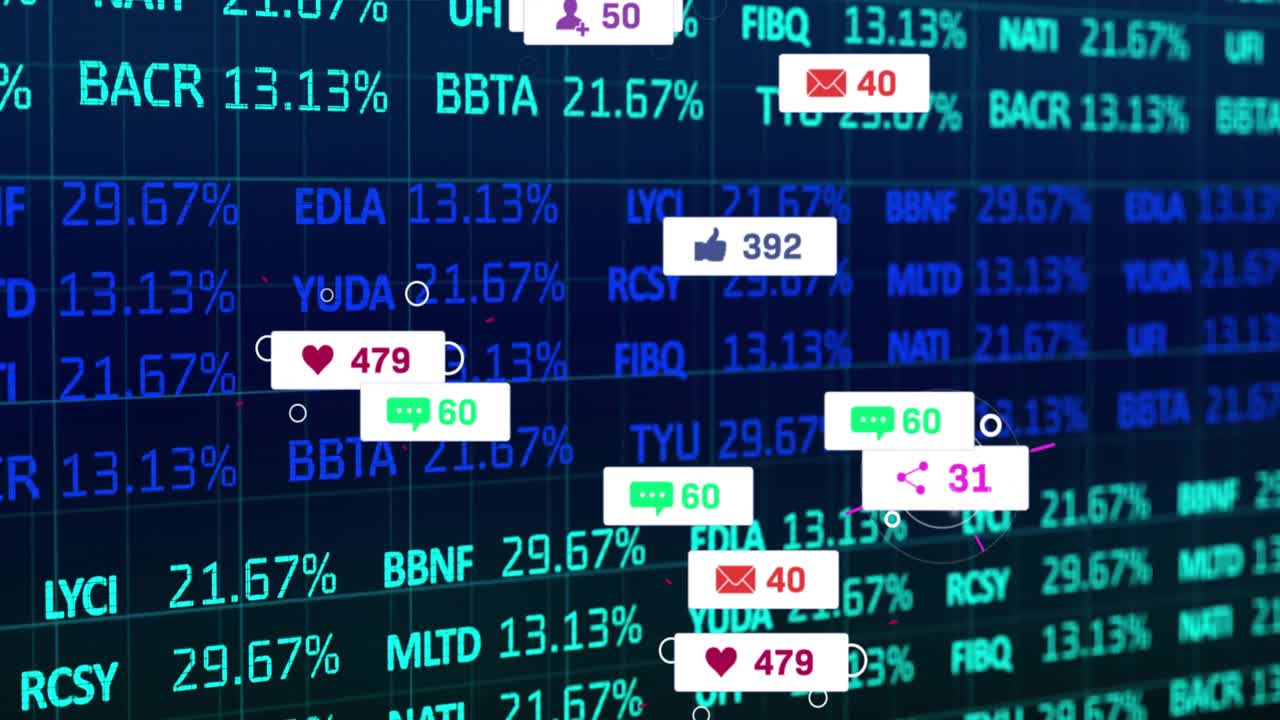 Social media notifications floating over digital stock grid, displaying icons and counts in neon