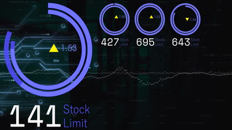 Animation-of-blue-circular-scanners-processing-over-data-stream-and-network-on-black-background