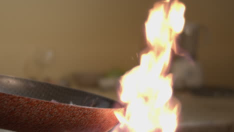 chef spins the red onions in a pan on a stove with high flame, apple prores slow-mo