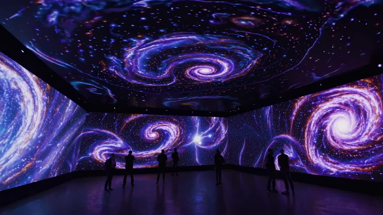 Immersive video art installation with swirling galaxies projected on walls and ceiling