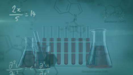 animación de textos que forman cerebro sobre cadena de adn, ecuaciones matemáticas y vasos