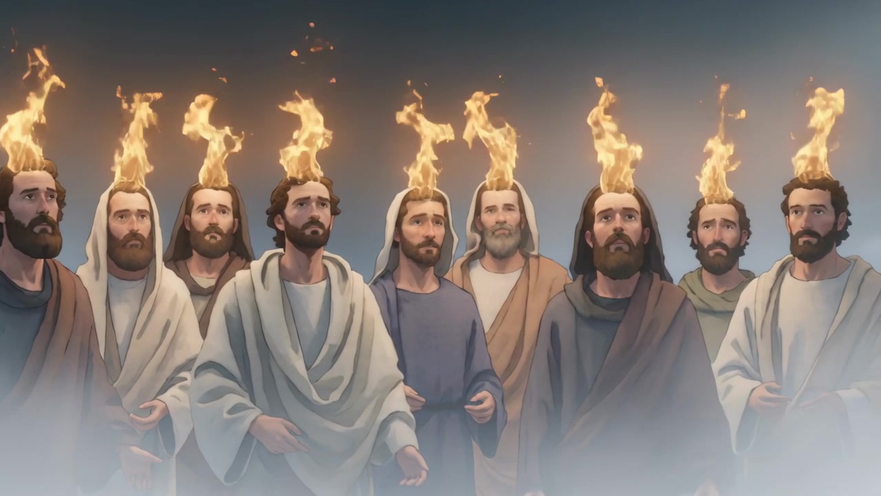 Uomini barbuti in piedi, in vesti, che guardano in alto in uno spazio nebbioso, con fiamme che si accendono sopra le loro teste per un rituale.