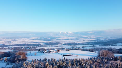 aerial view of small towns near snowy cold forest of jorat woods during winter sunset, canton of vaud, switzerland