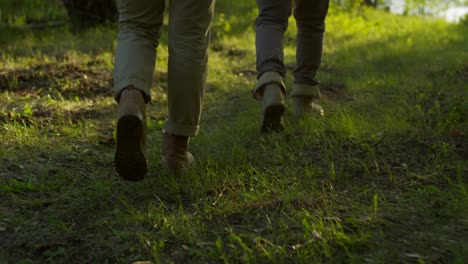 vista trasera después de la toma de piernas de excursionistas masculinos y femeninos caminando sobre hierba verde a través del bosque