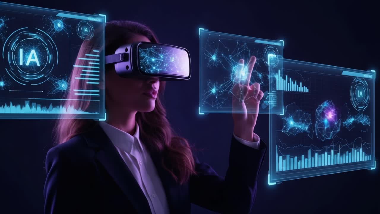Immersive Technology Experience: A Woman Engages with Advanced Virtual Reality Interfaces Displaying Complex Data and Interactive Digital Elements in a Futuristic Setting